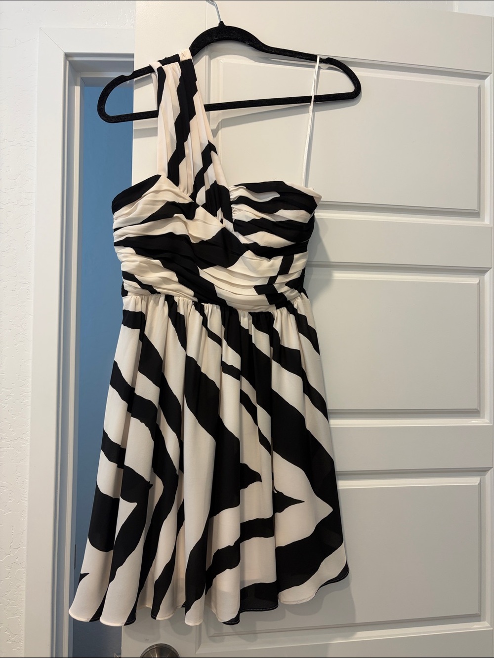 Express One-Shoulder Black and White Striped Midi Dress